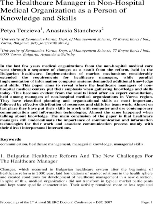 The Healthcare Manager in Non-Hospital Medical Organization as a Person of Knowledge and Skills