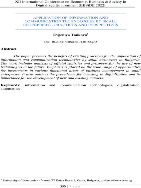 Application of Information and Communication Technologies by Small Enterprises - Practices and Perspectives