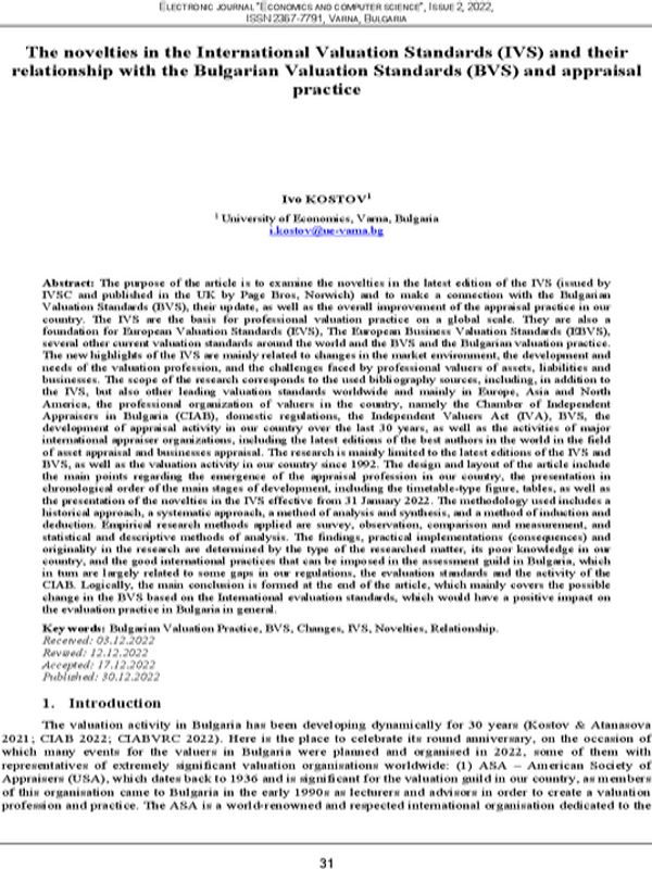 The Novelties in the International Valuation Standards (IVS) and their Relationship with the Bulgarian Valuation Standards (BVS) and Appraisal Practice