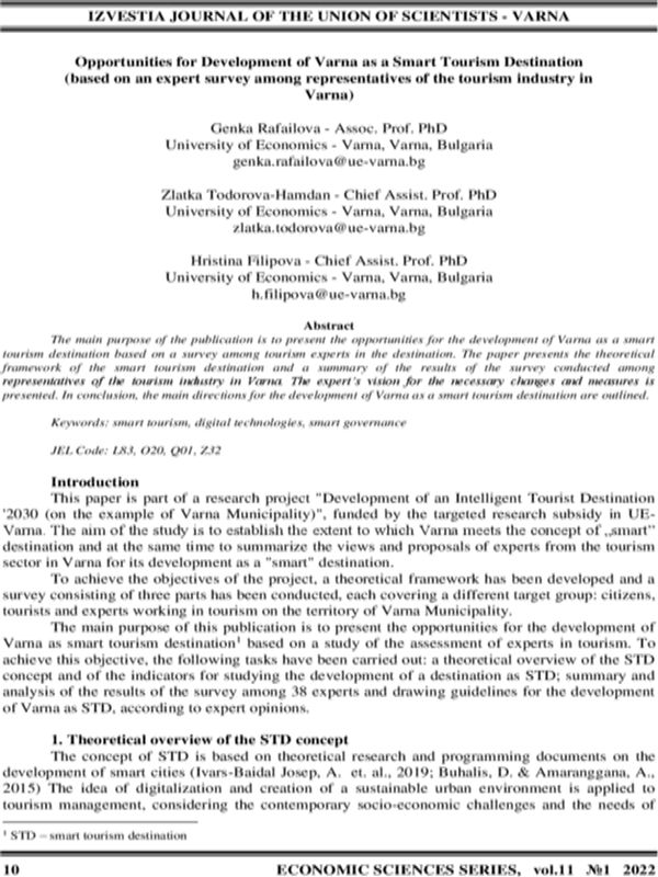 Opportunities for Development of Varna as a Smart Tourism Destination (Based on an Expert Survey among Representatives of the Tourism Industry in Varna)