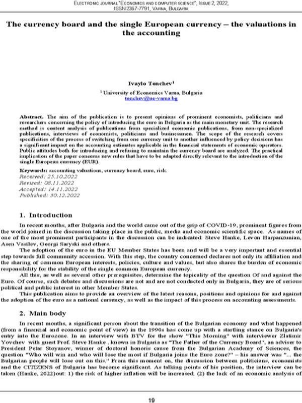 The Currency Board and the Single European Currency - the Valuations in the Accounting