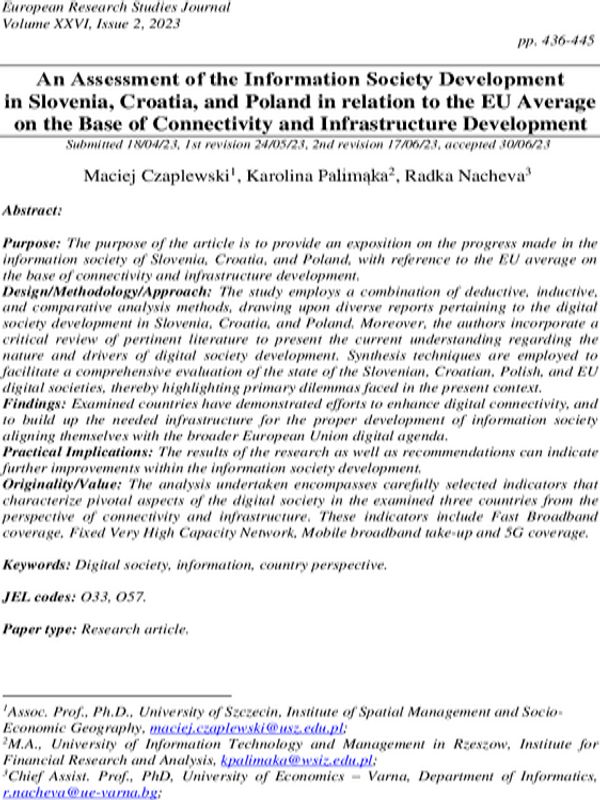 An Assessment of the Information Society Development in Slovenia, Croatia, and Poland in Relation to the EU Average on the Base of Connectivity and Infrastructure Development