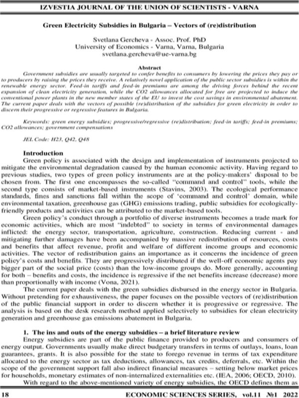 Green Electricity Subsidies in Bulgaria - Vectors of (Re)distribution