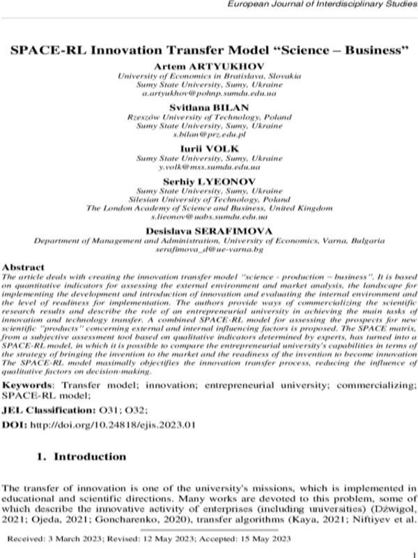 SPACE-RL Innovation Transfer Model “Science - Business”