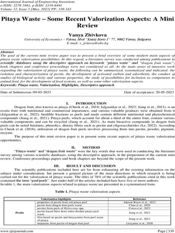 Pitaya Waste - Some Recent Valorization Aspects: a Mini Review