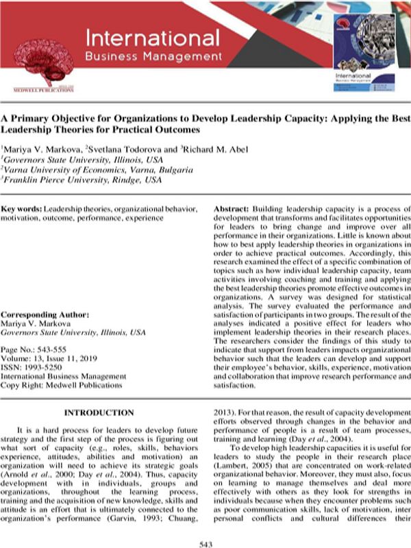 A Primary Objective for Organizations to Develop Leadership Capacity: Applying the Best Leadership Theories for Practical Outcomes