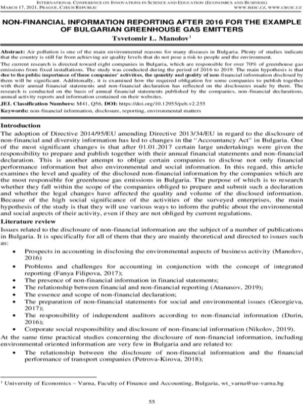 Non-Financial Information Reporting After 2016 for the Example of Bulgarian Greenhouse Gas Emitters