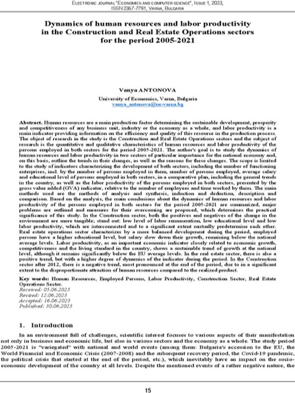 Dynamics of Human Resources and Labor Productivity in the Construction and Real Estate Operations Sectors for the Period 2005-2021