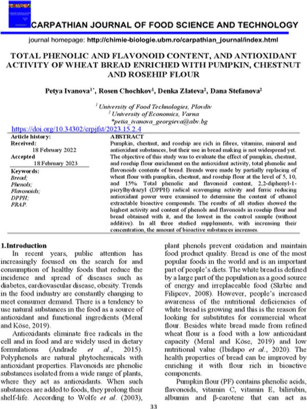 Total Phenolic and Flavonoid Content, and Antioxidant Activity of Wheat Bread Enriched with Pumpkin, Chestnut and Rosehip Flour