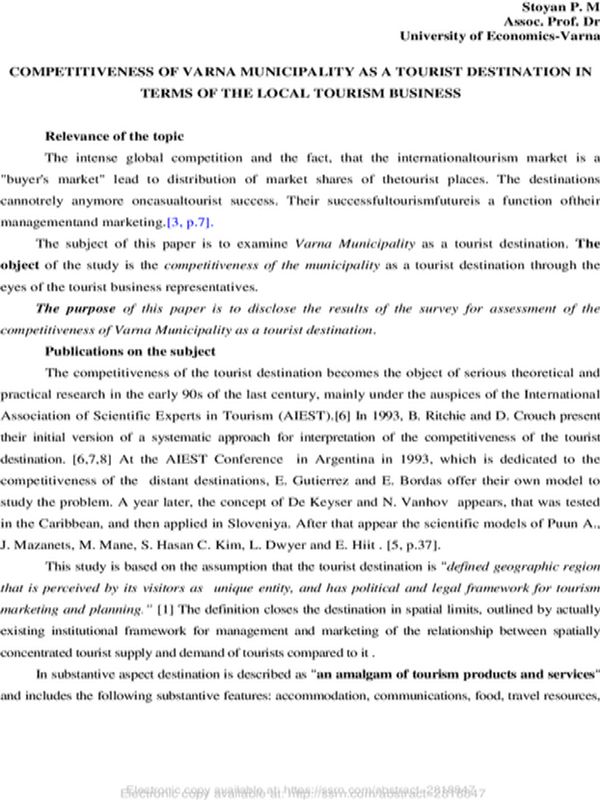Competitiveness of Varna Municipality as a Tourist Destination in Terms of the Local Tourism Business