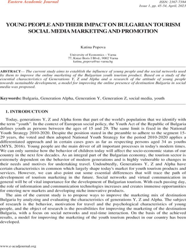 Young People and their Impact on Bulgarian Tourism Social Media Marketing and Promotion
