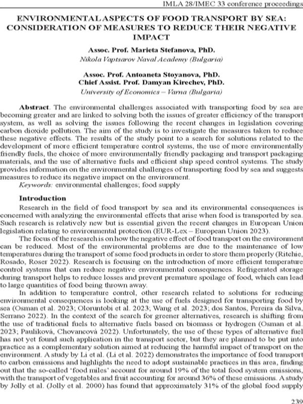 Environmental Aspects of Food Transport by Sea: Consideration of Measures to Reduce Their Negative Impact
