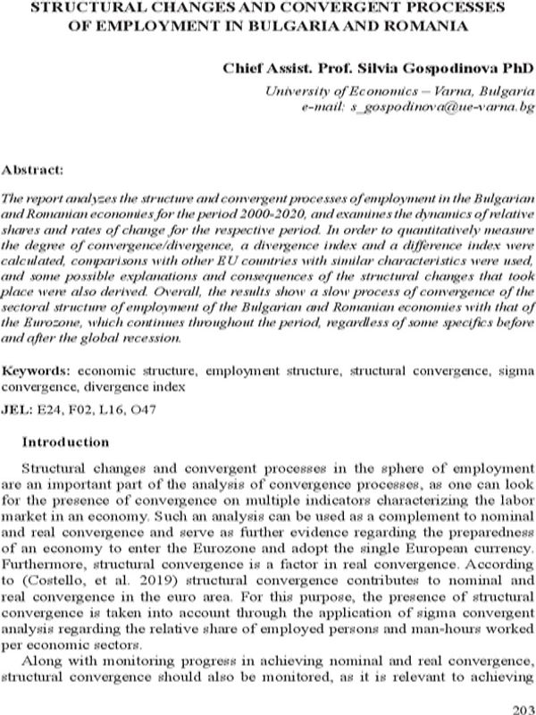 Structural Changes and Convergent Processes  of Employment in Bulgaria and Romania