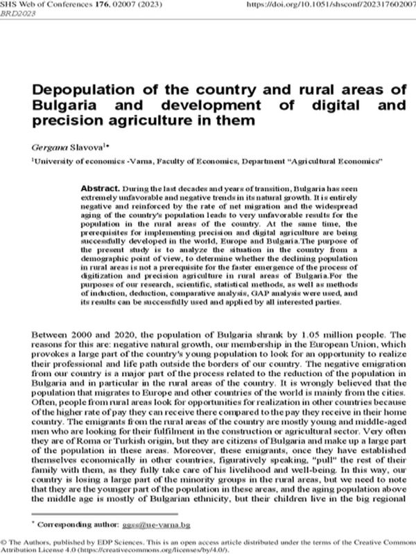 Depopulation of the Country and Rural Areas of Bulgaria and Development of Digital and Precision Agriculture in Them