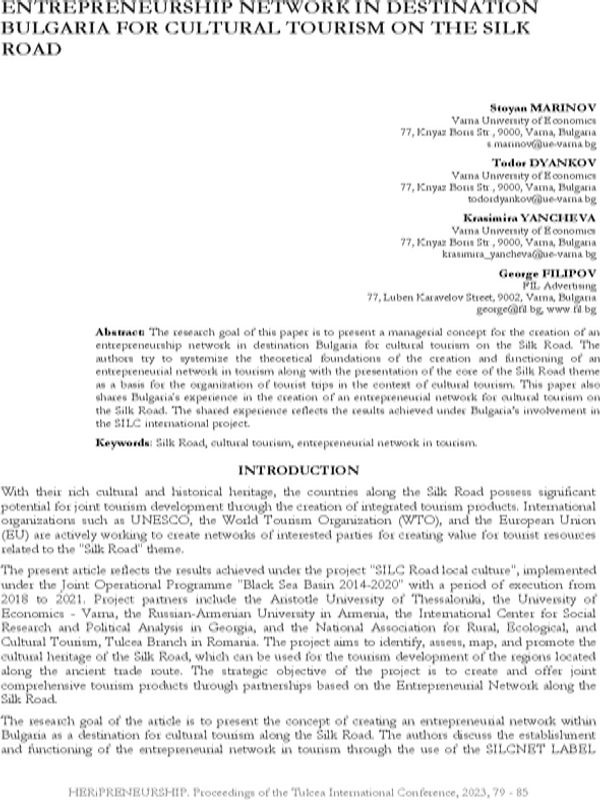 Entrepreneurship Network in Destination Bulgaria for Cultural Tourism on the Silk Road