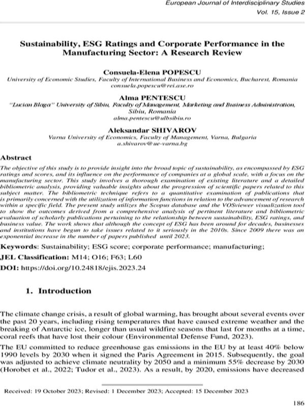 Sustainability, ESG Ratings and Corporate Performance in the Manufacturing Sector: A Research Review