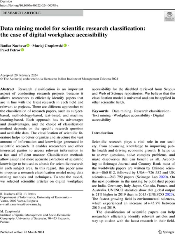 Data Mining Model for Scientific Research Classification: the Case of Digital Workplace Accessibility