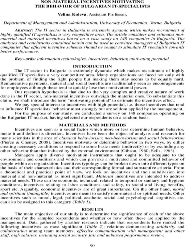 Non-Material Incentives Motivating the Behavior of Bulgarian IT Specialists