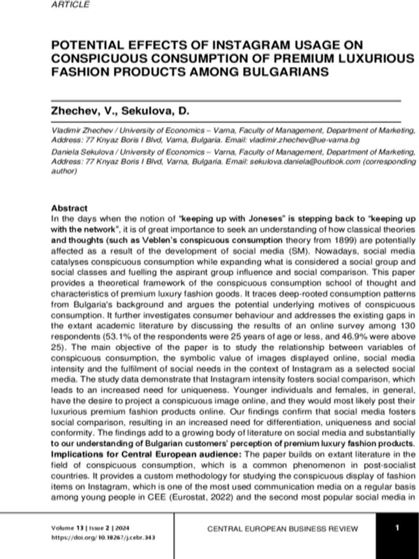 Potential Effects of Instagram Usage on Conspicuous Consumption of Premium Luxurious Fashion Products among Bulgarians