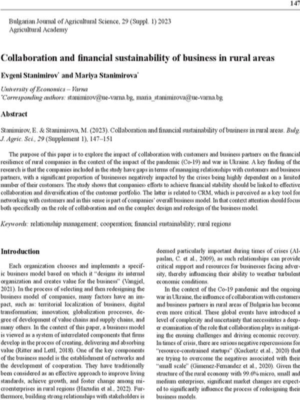 Collaboration and Financial Sustainability of Business in Rural Areas