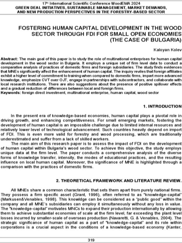 Fostering Human Capital Development in the Wood Sector Through FDI for Small Open Economies (The Case of Bulgaria)