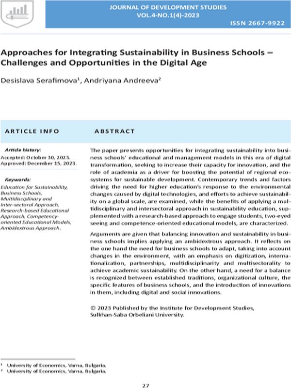 Approaches for Integrating Sustainability in Business Schools – Challenges and Opportunities in the Digital Age