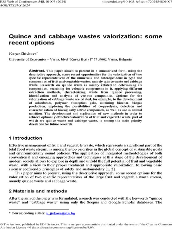 Quince and Cabbage Wastes Valorization: Some Recent Options