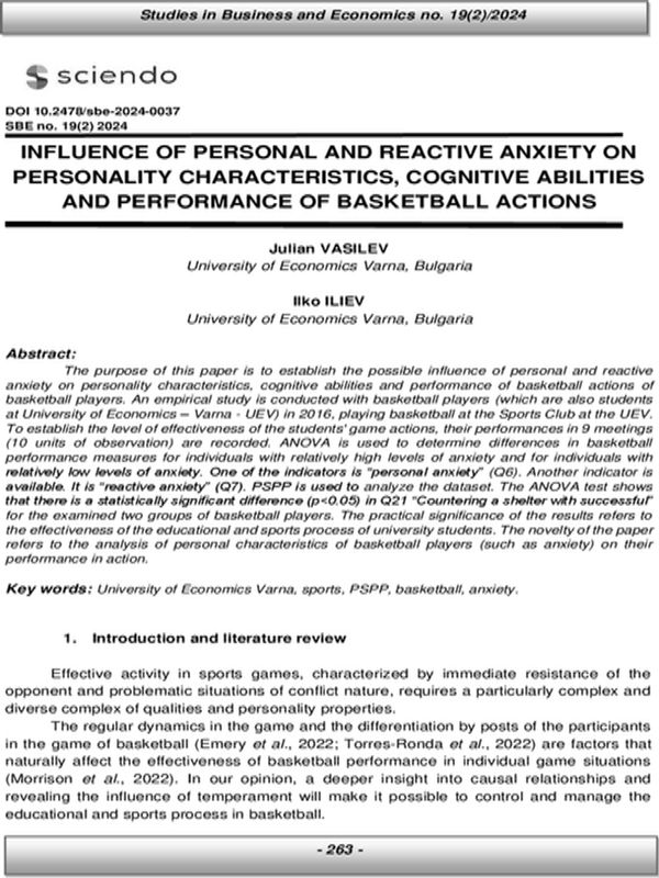 Influence of Personal and Reactive Anxiety on Personality Characteristics, Cognitive Abilities and Performance of Basketball Actions