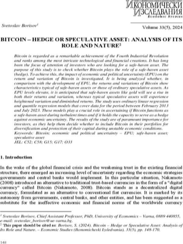 Bitcoin - Hedge or Speculative Asset: Analysis of Its Role and Nature