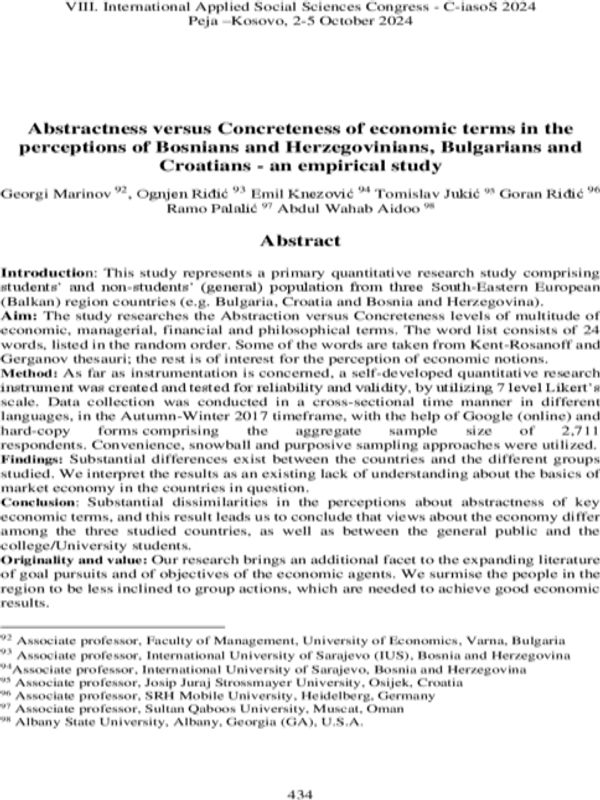 Abstractness Versus Concreteness of Economic Terms in the Perceptions of Bosnians and Herzegovinians, Bulgarians and Croatians - an Empirical Study