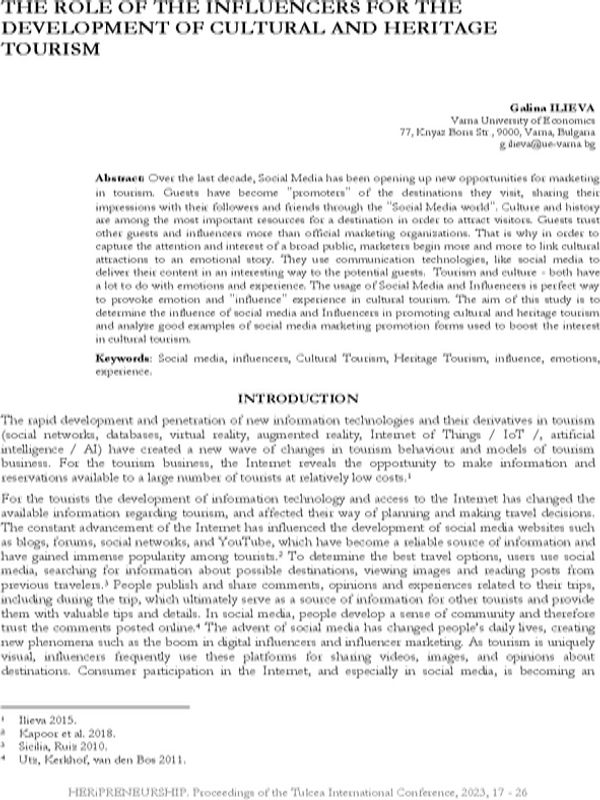 The Role of the Influencers for the Development of Cultural and Heritage Tourism