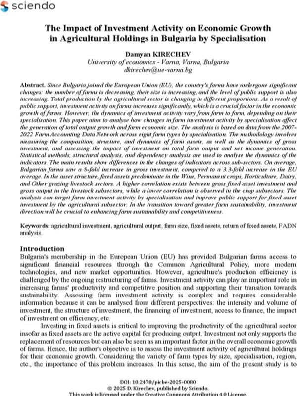 The Impact of Investment Activity on Economic Growth in Agricultural Holdings in Bulgaria by Specialisation