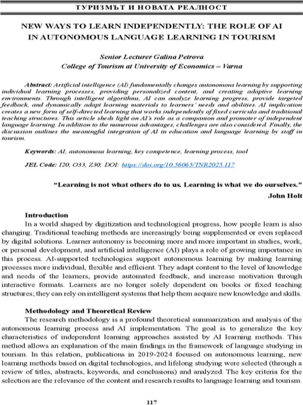 New Ways to Learn Independently: The Role of AI in Autonomous Language Learning in Tourism