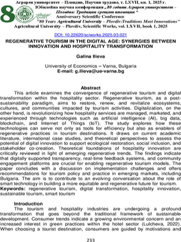 Regenerative Tourism in the Digital Age: Synergies between Innovation and Hospitality Transformation