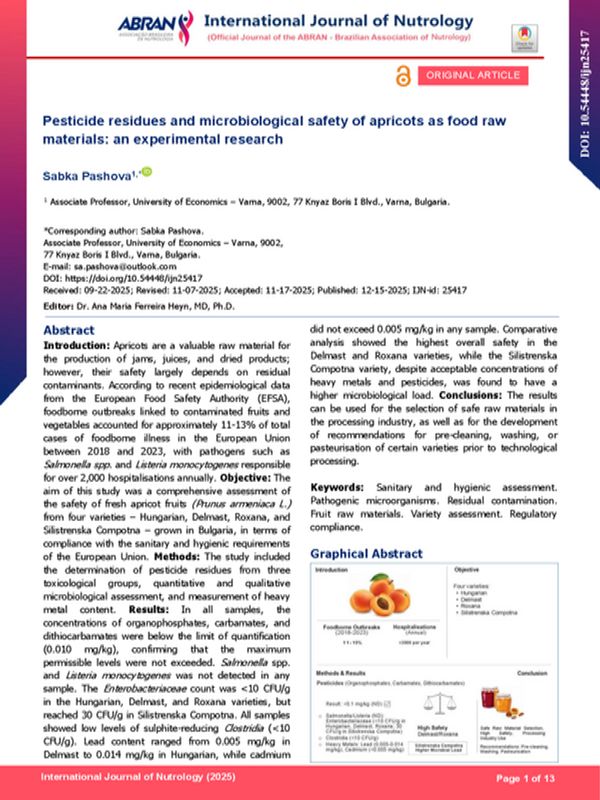 Pesticide Residues and Microbiological Safety of Apricots as Food Raw Materials: an Experimental Research