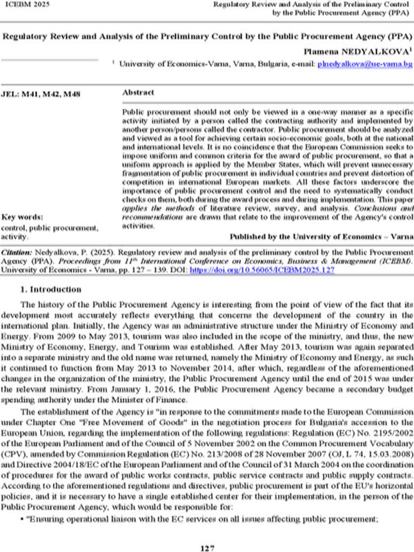 Regulatory Review and Analysis of the Preliminary Control by the Public Procurement Agency (PPA)