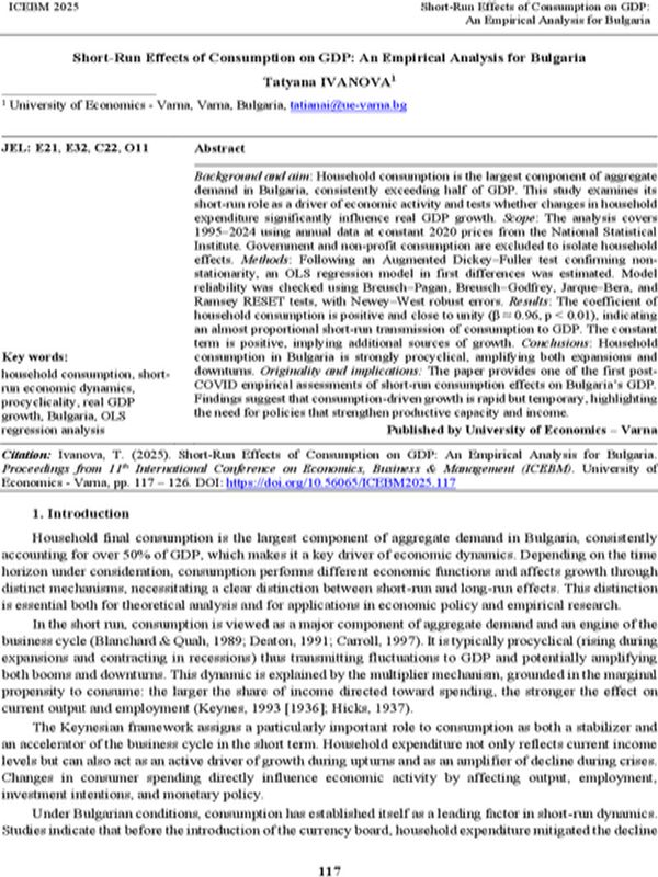 Short-Run Effects of Consumption on GDP: An Empirical Analysis for Bulgaria