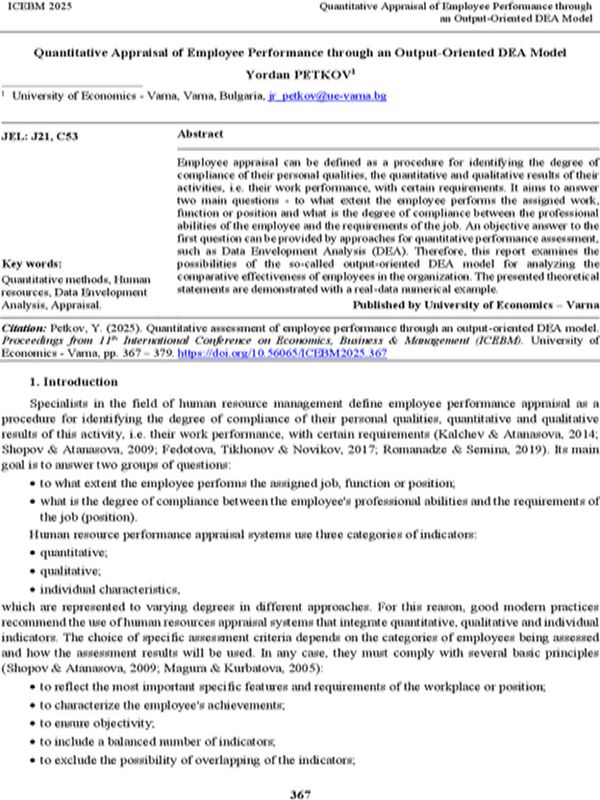 Quantitative Appraisal of Employee Performance through an Output-Oriented DEA Model