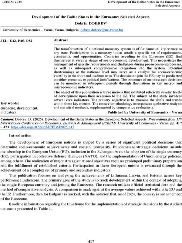 Development of the Baltic States in the Eurozone: Selected Aspects