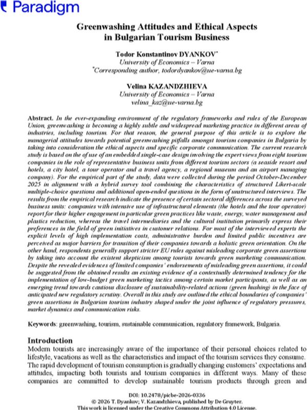 Greenwashing Attitudes and Ethical Aspects in Bulgarian Tourism Business
