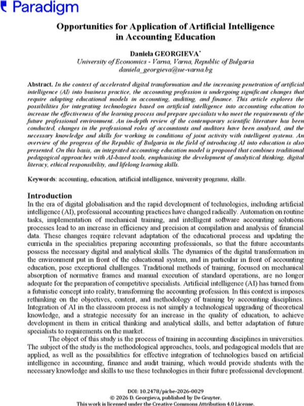 Opportunities for Application of Artificial Intelligence in Accounting Education