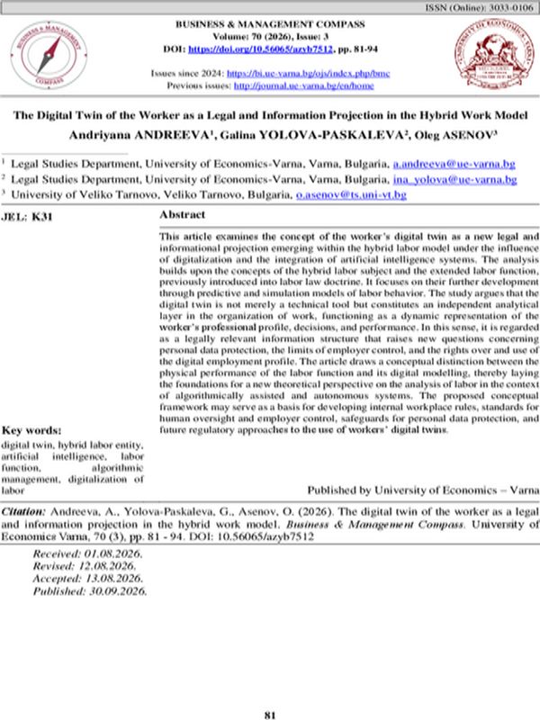 The Digital Twin of the Worker as a Legal and Information Projection in the Hybrid Work Model
