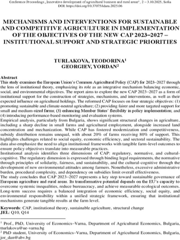 Mechanisms and Interventions for Sustainable and Competitive Agriculture in Implementation of the Objectives of the New CAP 2023–2027 – Institutional Support and Strategic Priorities
