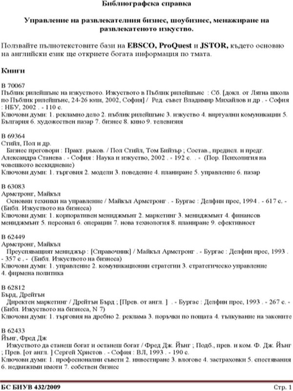 Управление на развлекателния бизнес, шоубизнес, менажиране на развлекатеното изкуство . Книги и статии. 1985 - 2010. 120 загл. Бълг. и др. ез. Април 2010 г. БИУВ 432/2010