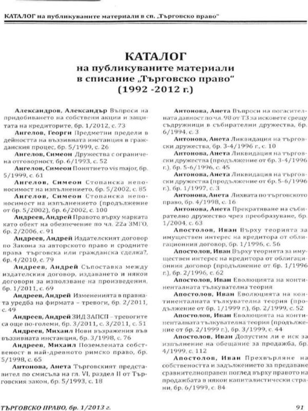 Каталог на публикуваните материали в списание "Търговско право"