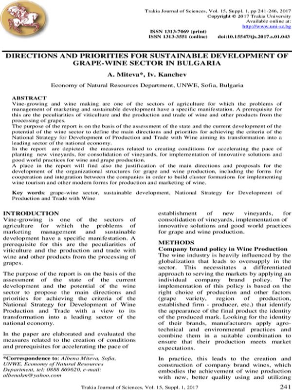 Directions and Priorities for Sustainable Development of Grape-wine Sector in Bulgaria