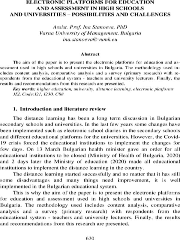 Electronic Platforms for Education and Assessment in High Schools and Universities - Possibilities ans Challenges