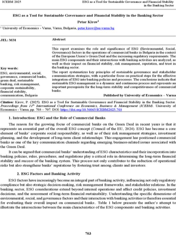 ESG as a Tool for Sustainable Governance and Financial Stability in the Banking Sector