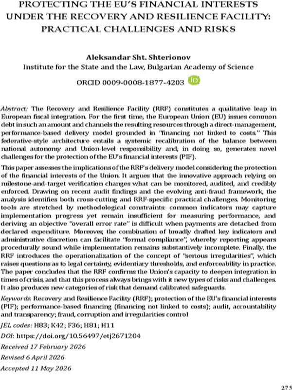 Protecting the EU's Financial Interests under the Recovery and Resilience Facility: Practical Challenges and Risks