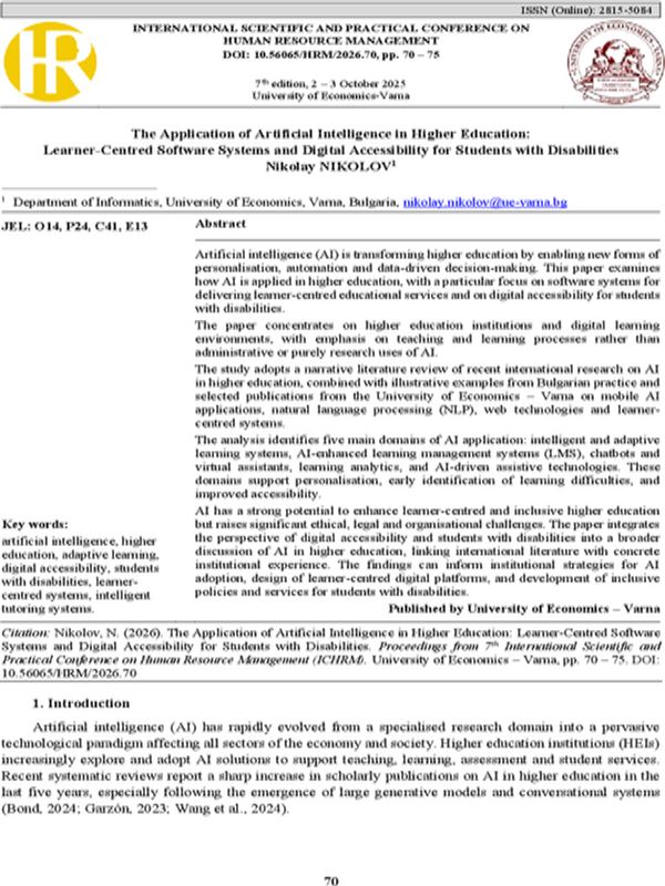 The Application of Artificial Intelligence in Higher Education: Learner-Centred Software Systems and Digital Accessibility for Students with Disabilities